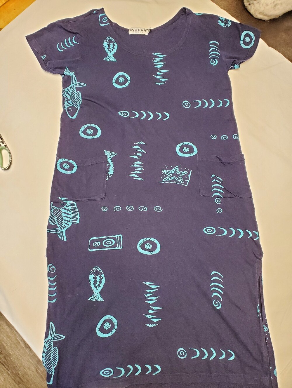 InGear Resort Navy Blue Aqua Nautical Novelty Print Cotton T-Shirt Dress Medium